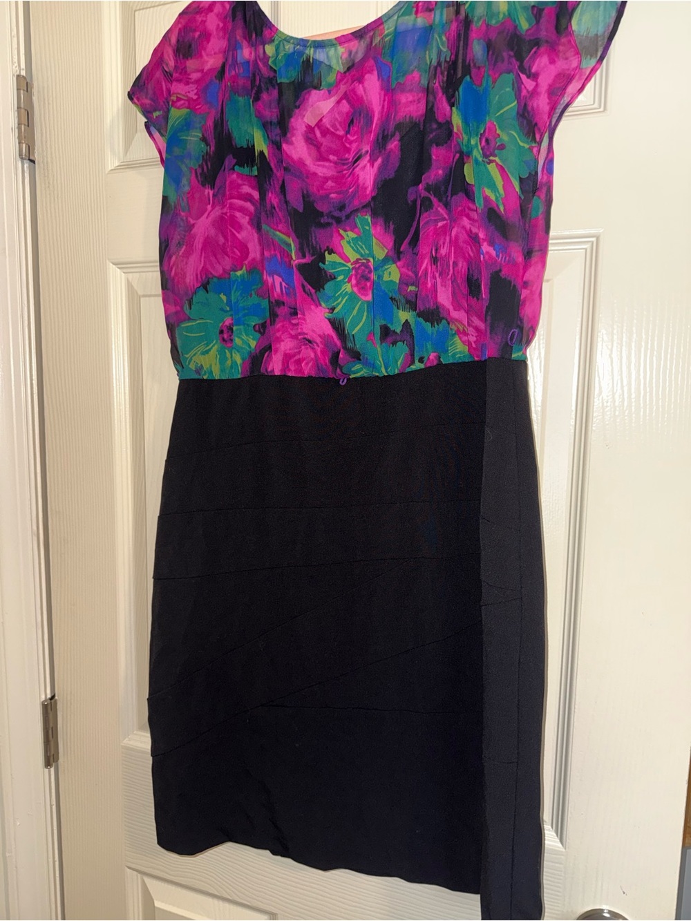 AB Studio Black Midi Dress with Fuchsia Floral Bodice